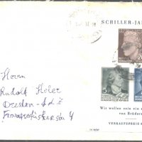 Пътувал плик с блок Фридрих Шилер поет 1955 от Германия ГДР, снимка 1 - Филателия - 39623807