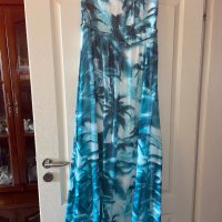 Ефирна дълга тюркоазена  елегантна ежедневна рокля тропик палми тропически принт , снимка 5 - Рокли - 41703823