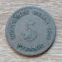 Германия 5 пфенига 1876  "G" - Карлсруе д61, снимка 1 - Нумизматика и бонистика - 33796966