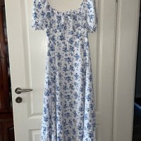 Нова елегантна ежедневна романтична дълга бяла рокля нежни сини полски цветя цепка буфан ръкав к, снимка 13 - Рокли - 42540684