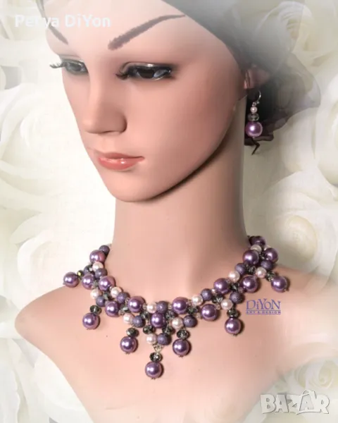 Луксозно голямо лилаво колие и обеци с перли и кристали, снимка 1