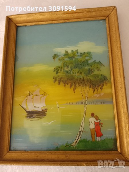 красива картина пейзаж рисувана от вътрешната страна на стъклото със дървена винтидж рамка , снимка 1