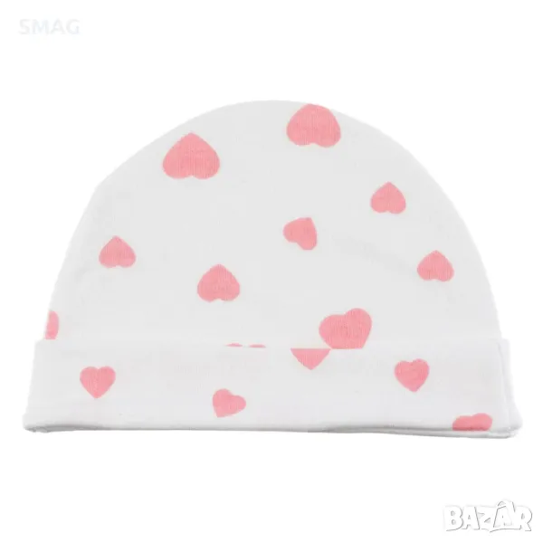 Бебешка памучна шапка бели розови сърца 0+ S_1238349, снимка 1