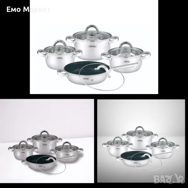 Комплект тенджери Rosberg, 16x10.5/20x12.5/24x14.5/24x6.5см., Неръжд. стомана, Индукция, снимка 1