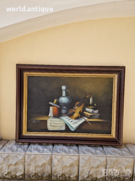 Страхотна огромна антикварна авторска картина натюрморт масло върху платно , снимка 1