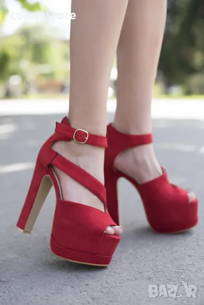 Сандали на ток - червен велур - HLX33, снимка 1