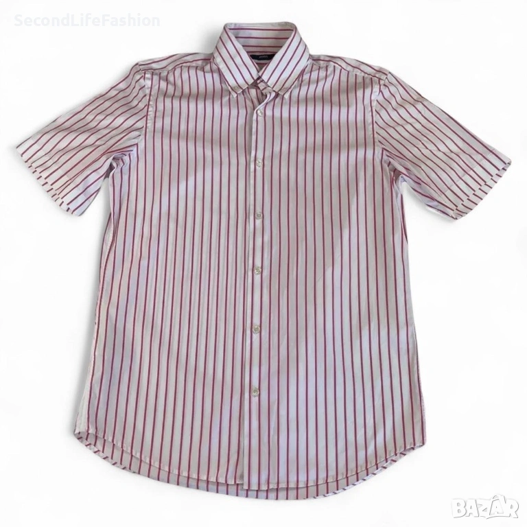 Мъжка риза BOSS с къс ръкав бяло/розово памук размер 38 М, снимка 1