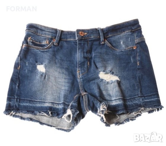 Тъмносини дамски еластични къси дънки с накъсан ефект, снимка 1