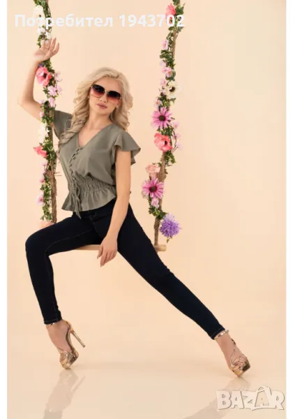 Дамска блуза с къс ръкав в цвят каки Etiar, снимка 1