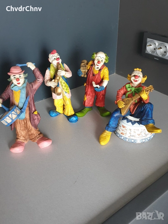 4бр Goebel Happy Clowns резин 20см/Гьобел Германия немски колекционерски фигури на клоуни-музиканти, снимка 1