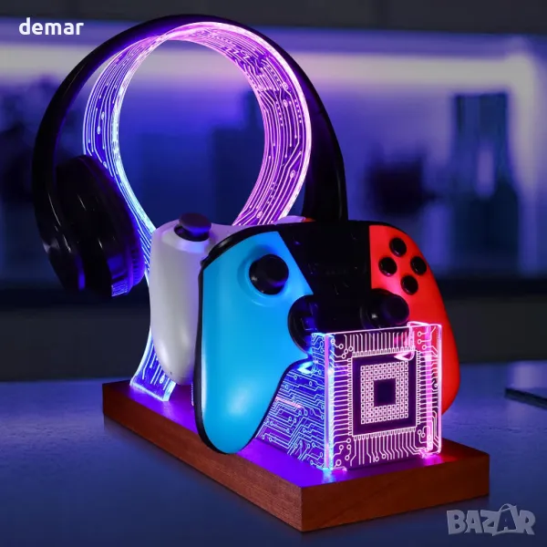 YuanDian стойка за слушалки и контролери със синя розова LED нощна светлина, снимка 1