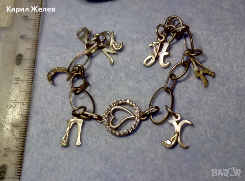 СКЪПОЦЕННА ВИНТИДЖ АРТ СРЕБЪРНА ГРИВНА с БУКВИЧКИ СРЕБРО 925 с БЯЛА ПОЗЛАТА и ИСКРЯЩИ ЦИРКОНИ 48561, снимка 1