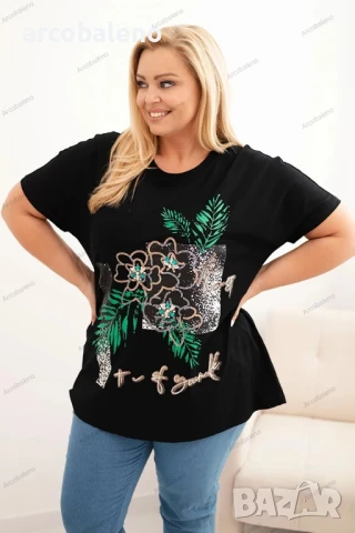 Дамска памучна тениска с декоративен флорален принт, Големи размери, 7цвята , снимка 11 - Тениски - 50636621