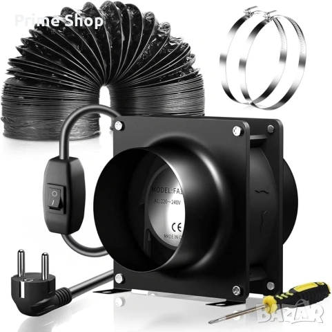 Ф100мм канален вентилатор с 180м³/ч, 2м гъвкава връзка, скоби 