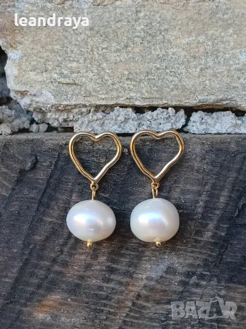 Обеци с големи перли и сърце, снимка 3 - Обеци - 49021935