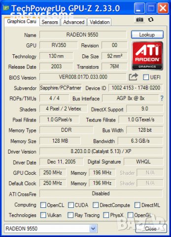 Видео карта ATi Radeon Sapphire 9550 128MB DDR 128bit  AGP, снимка 8 - Видеокарти - 34250030