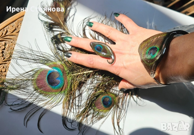 Ръчно изработени, регулируеми гривна и пръстен с паунови пера,, снимка 12 - Гривни - 52387499