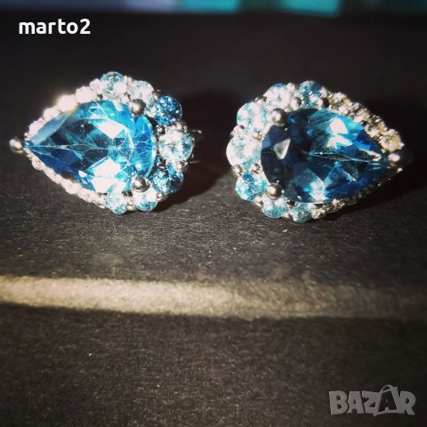 Сребърни 925 Обеци с Родиево покритие и Натурални London Blue Топази и Циркони!!!, снимка 5 - Обеци - 41318714