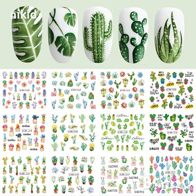 лист 12 в 1 вида кактус кактуси слайдер татос ваденки водни стикери за нокти маникюр