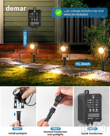 Градински прожектори HIBOITEC Захранвани от електрическата мрежа, 11,4 м 4-в-1 LED, IP65, снимка 5 - Лед осветление - 49287996