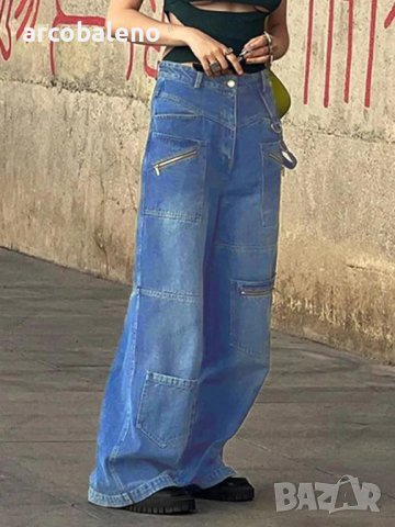 Дамски дънки с много джобове, цип, изпъстрени дънки с прави и широки крачоли , снимка 2 - Дънки - 41798485