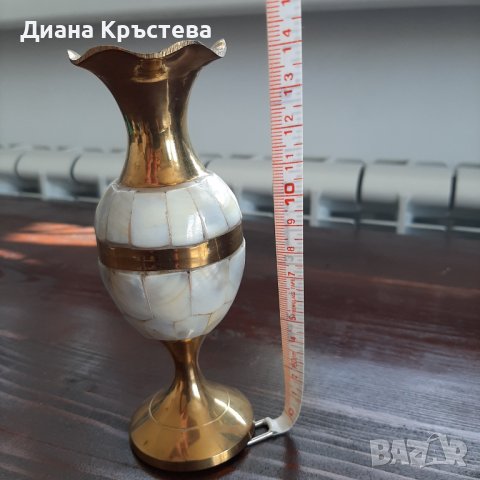 Месинг и седеф - декоративен комплект ваза, свещник, кутийка, снимка 4 - Вази - 39974169