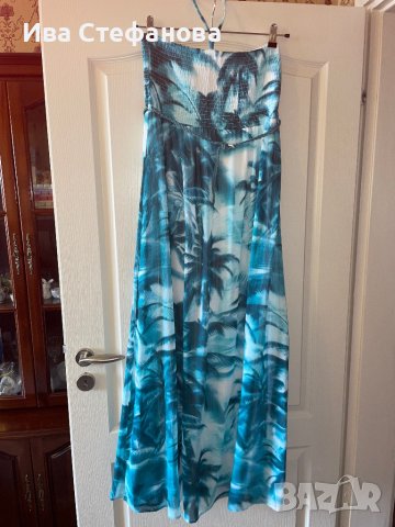 Ефирна дълга тюркоазена  елегантна ежедневна рокля тропик палми тропически принт , снимка 5 - Рокли - 41703823