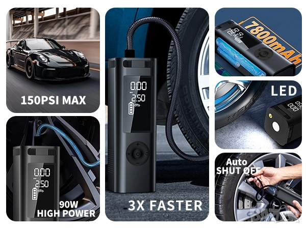 Преносим Компресор за Гуми, Цифрова Интелигентна Помпа с Бързо Зареждане, снимка 8 - Аксесоари и консумативи - 52436352