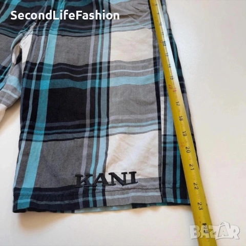 Мъжки къси панталони  Karl Kani с винтидж каре размер 28 син цвят, снимка 8 - Къси панталони - 53219142