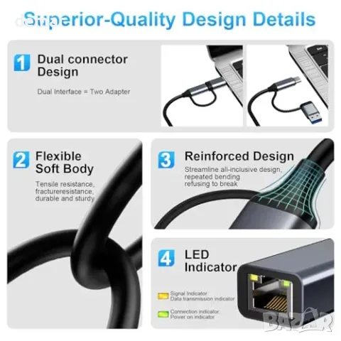 USB C към RJ45 Ethernet адаптер 2-в-1 1Gbps, снимка 6 - Кабели и адаптери - 55849764