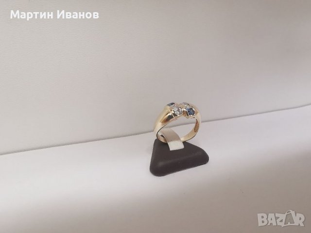 Златен пръстен с циркони и аквамарин , снимка 3 - Пръстени - 39662688