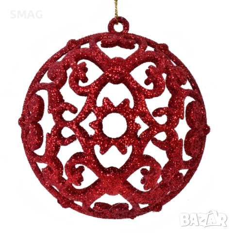 Комплект коледни топки – червени с прорези и брокат, 8 см – 6 броя_1123963, снимка 2 - Други - 52353762