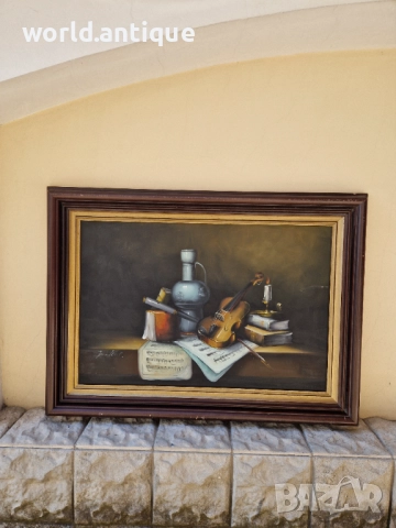 Страхотна огромна антикварна авторска картина натюрморт масло върху платно 