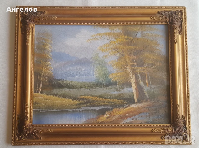 Майсторски пейзаж масло с рамка от дърво с гипсови орнаменти