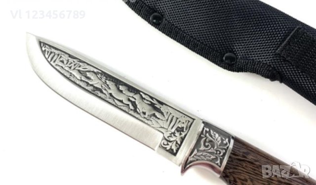 Богато двустранно гравиран ловен нож с инкрустирани вълци  130х255, снимка 3 - Ножове - 40768354