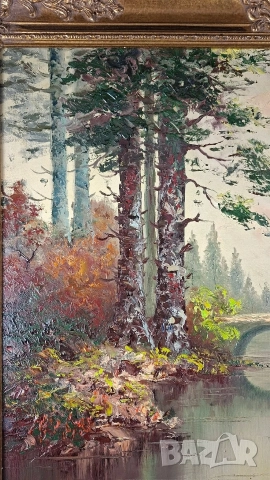 Картина масло върху платно - пейзаж с мост, в барокова рамка, снимка 2 - Картини - 52665969