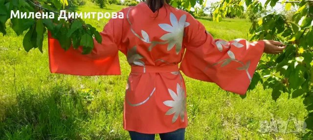 Ръчно рисувано сатенирано кимоно , снимка 6 - Сака - 48960098