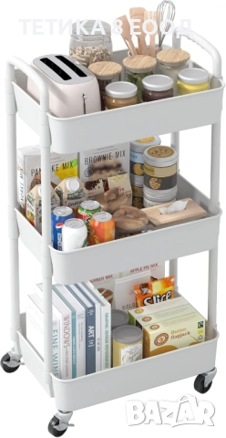 Количка с колела, 3 рафта, 39 x 29 x 76 см, пластмаса/метал, бяла.