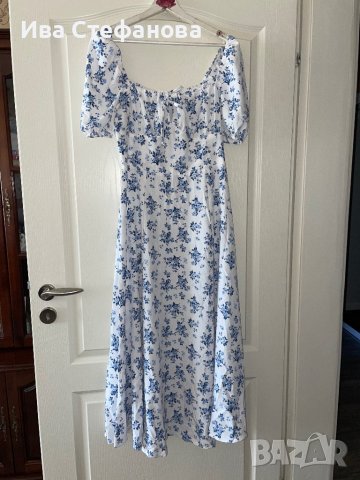 Нова елегантна ежедневна романтична дълга бяла рокля нежни сини полски цветя цепка буфан ръкав к, снимка 13 - Рокли - 42540684