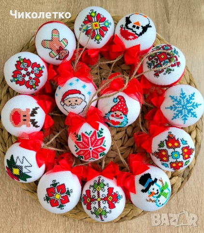 Коледни топки с монтирана ръчна бродерия, снимка 1