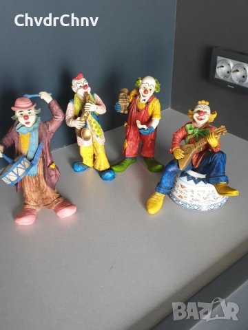 4бр Goebel Happy Clowns резин 20см/Гьобел Германия немски колекционерски фигури на клоуни-музиканти