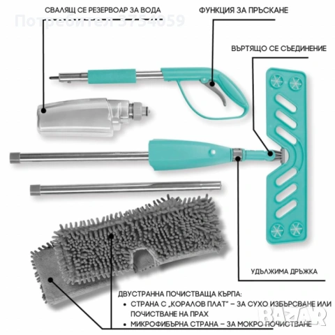 Спрей моп CLEANmaxx със сменяема кърпа и телескопична дръжка – чист под без кофа и без навеждане, снимка 4 - Мопове, кофи, четки и метли - 53184899