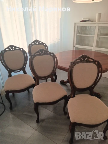 Маса и 4 стола от масивен орех – бароков стил, 1970 г., снимка 3 - Маси - 51332527