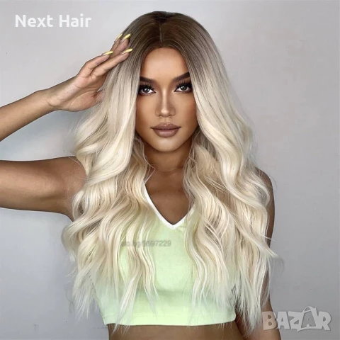 Висококачествена светло руса чуплива перука с тъмни корени на път, снимка 2 - Аксесоари за коса - 51058457