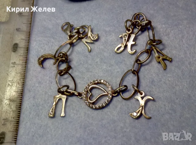 СКЪПОЦЕННА ВИНТИДЖ АРТ СРЕБЪРНА ГРИВНА с БУКВИЧКИ СРЕБРО 925 с БЯЛА ПОЗЛАТА и ИСКРЯЩИ ЦИРКОНИ 48561