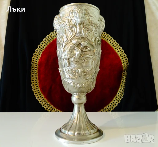 Бокал от калай,чаша за вино,глава на Овен,Ангели,барок., снимка 3 - Антикварни и старинни предмети - 51253524
