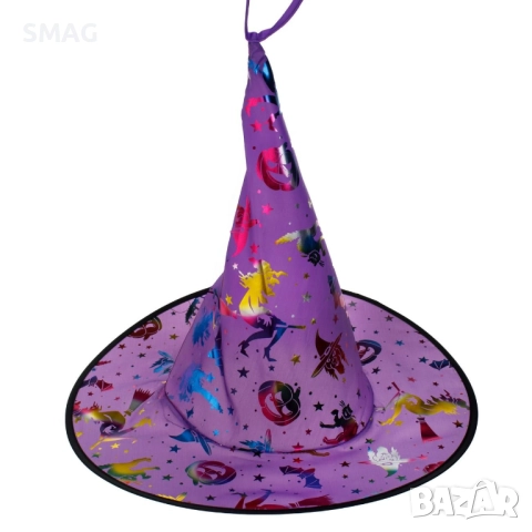 Halloween / Хелоуин висяща декорация – шапка на вещица, лилава, с LED, Ø39x35 см_1254895, снимка 3 - Декорация за дома - 52017855