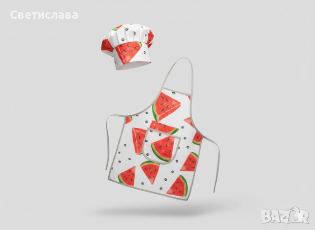Детски готварски комплект „Диня“ – Престилка и шапка. За дете с ръст 116 см. Подарък за кухнята., снимка 3 - Образователни игри - 51950623