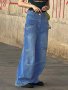 Дамски дънки с много джобове, цип, изпъстрени дънки с прави и широки крачоли , снимка 2