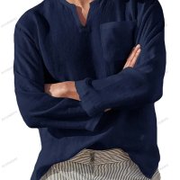 Мъжка ежедневна риза с V-образно деколте и дълъг ръкав, 7цвята - 023, снимка 11 - Ризи - 39731656